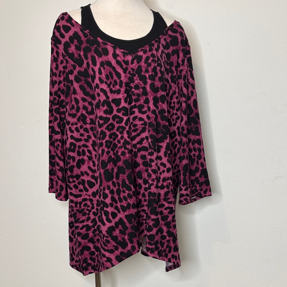 Belle by Kim Gravel size 3X Pink and Black Leopard Blouse